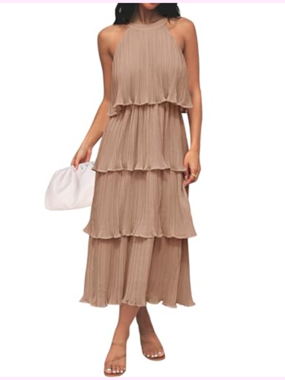 Women's Chiffon Midi Dress Halter Neck Ruffle Tiered Sleeveless Formal